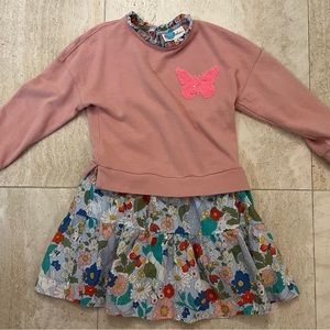 Mini Boden size 6-7Y sweatshirt dress. Pink top with sequins and floral skirt.